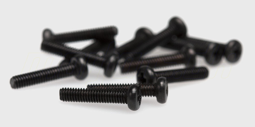 Rundhovedet maskinskrue med mm-gevind i størrelsen 2,5x12 til montering af dele på fjernstyrede biler.