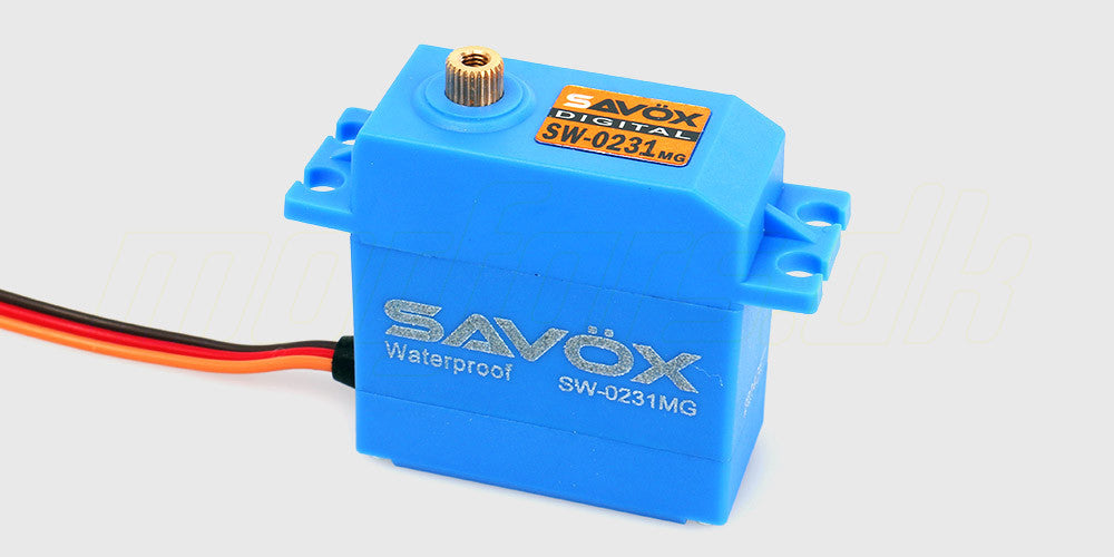 Vandtæt Savox SW-0231MG digital servo med metaltandhjul og højt moment til fjernstyrede biler.