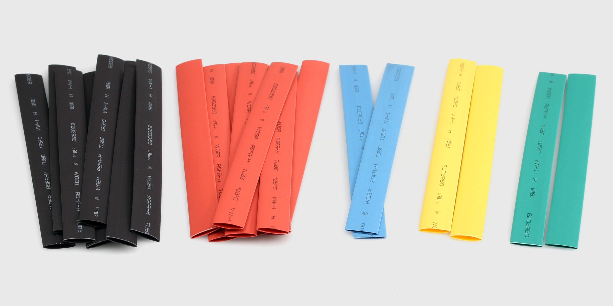 Sort krympeflex i forskellige størrelser til isolering af ledninger og stik på fjernstyrede biler.