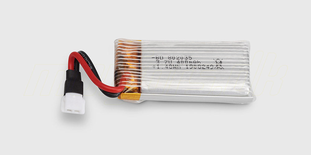 Sort genopladelig batteripakke med hvidt stik til Drone Thunder Glow vist på en hvid baggrund.