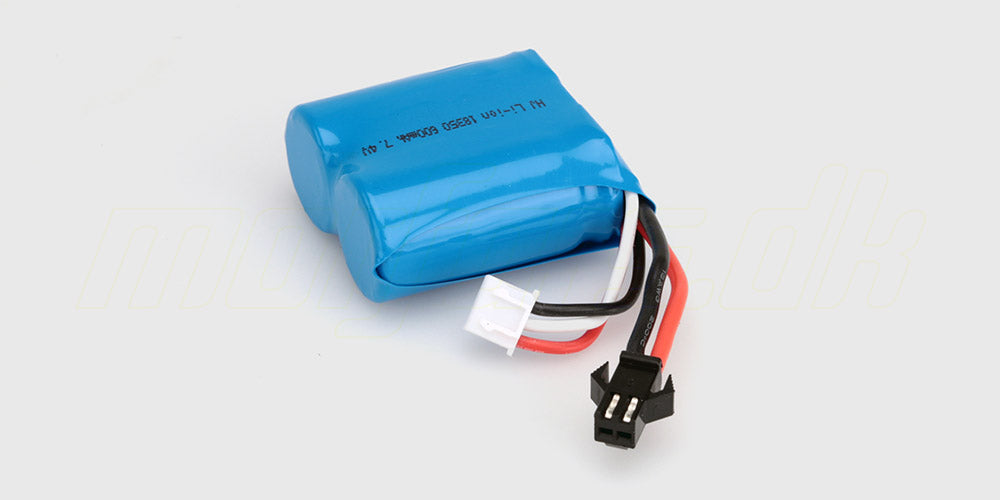 Blåt genopladeligt Li-ion batteri med stik til H102 og H108 fjernstyrede både liggende på en hvid baggrund.