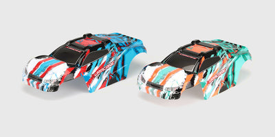 Gennemsigtigt Hurricane Body karrosseri i plast til fjernstyret bil vist på hvid baggrund.