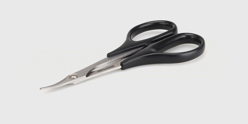 Kurvet Lexan-saks med blå greb til præcis udklipning af karrosserier til fjernstyrede biler.