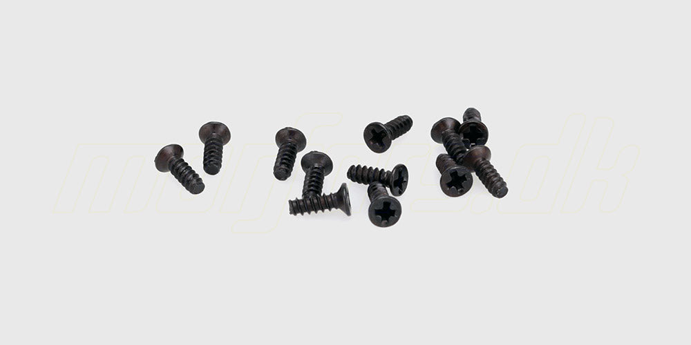 Sort undersænket selvskærende skrue 2,6x8 mm til montering af plastdele på en fjernstyret bil.