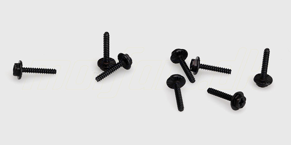 Sæt med fire sorte wheel lock bolts i metal til montering af hjul på en fjernstyret bil.