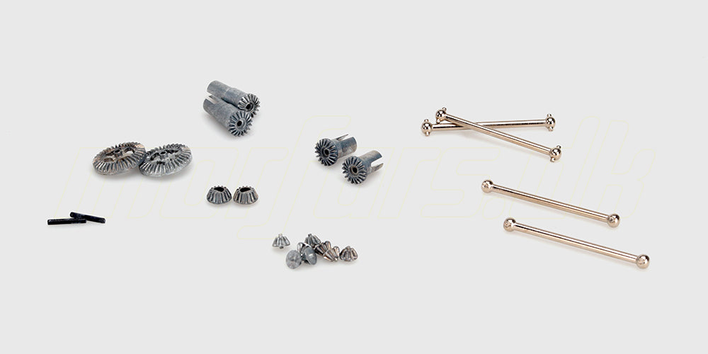 Komplet Hurricane opgraderingssæt med drivaksler i metal til fjernstyret bil vist på hvid baggrund.