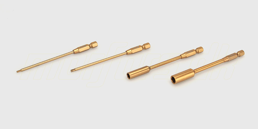 Præcisionsbits til elværktøj i forskellige størrelser vist i en gennemsigtig opbevaringsæske.