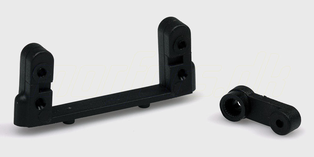 Hvid servoarm og retainer i plast til styring af fjernstyrede biler.