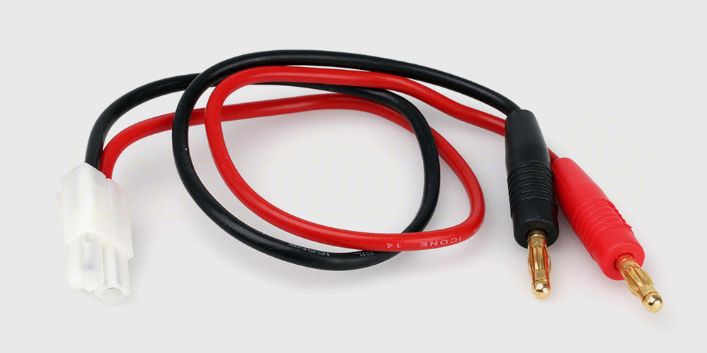 Tamiya ladekabel med hvidt batteristik og bananstik til RC-oplader.