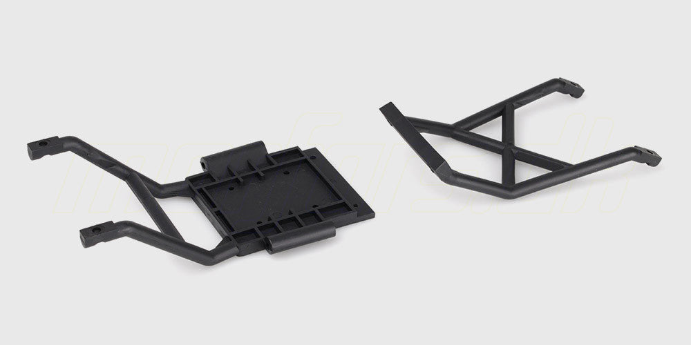 Sæt med sort for- og bagafstivning i plast til forstærkning af chassis på fjernstyret bil.