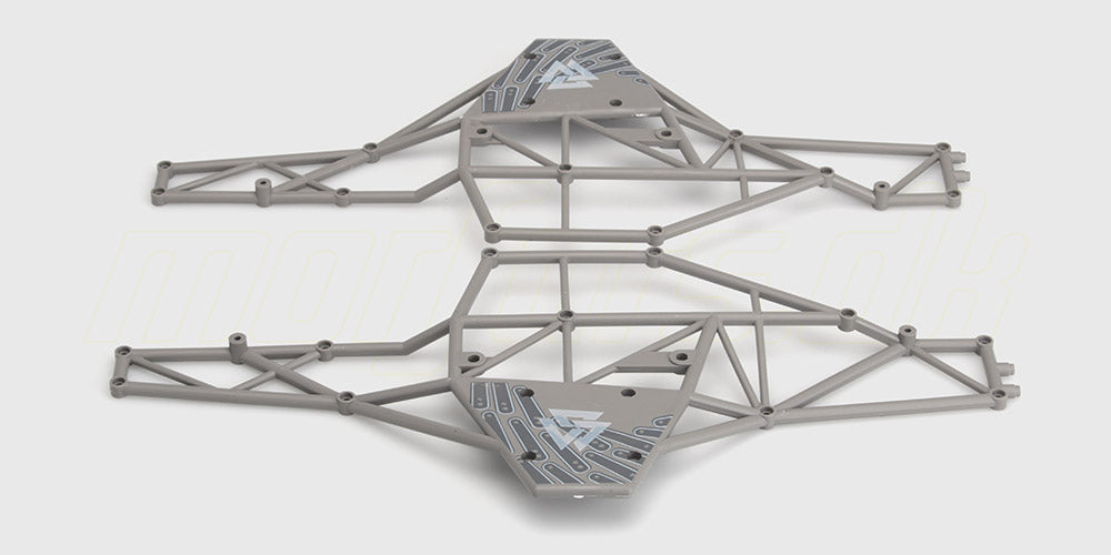 Sort roll cage i robust plast til beskyttelse af fjernstyret bil mod slag og rulleulykker.