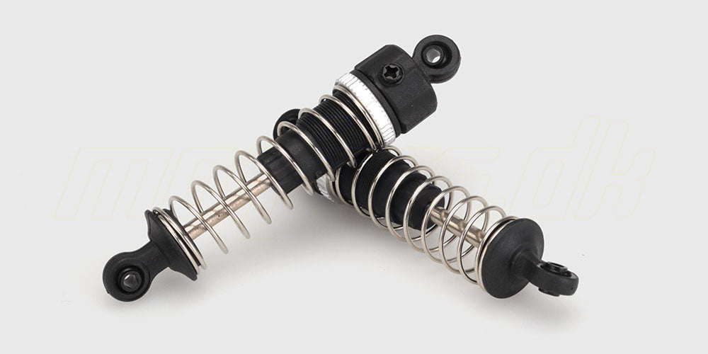 To sorte Ravage shock absorbers støddæmpere med metalfjedre til fjernstyrede biler.