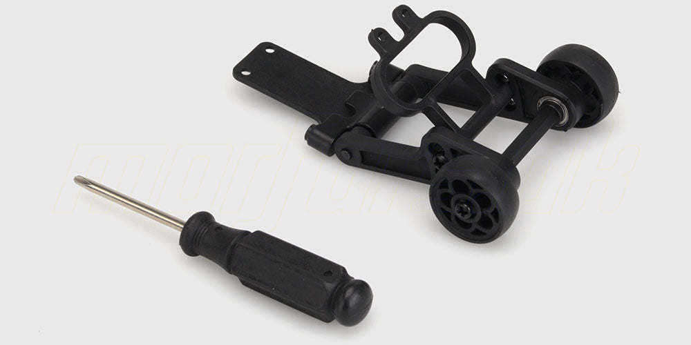 Sort Ravage wheelie bar assembly med hjul til montering bagpå en fjernstyret bil.
