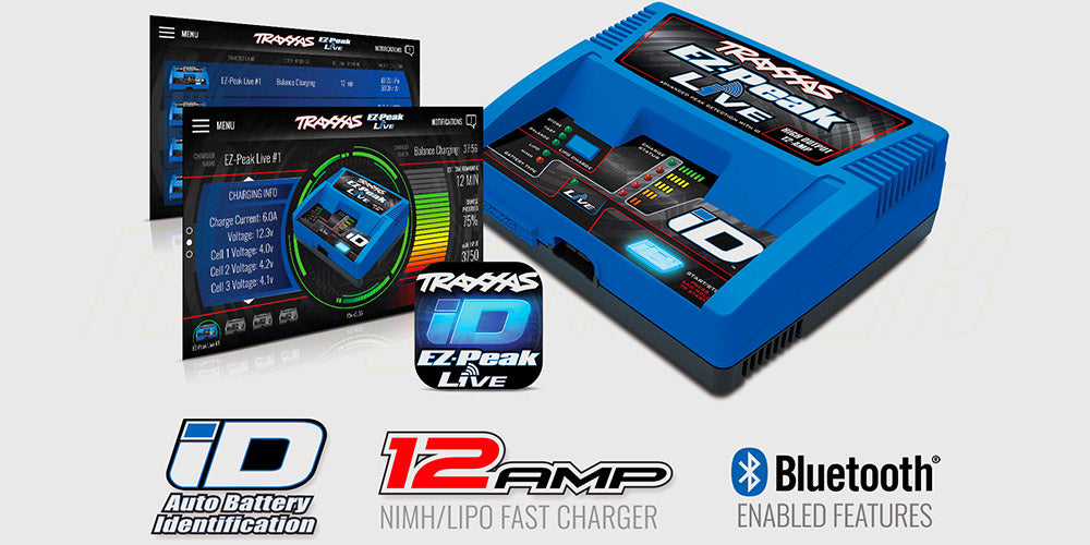 Traxxas EZ-Peak LIVE oplader styret via smartphone app med detaljeret batteriovervågning på skærmen.