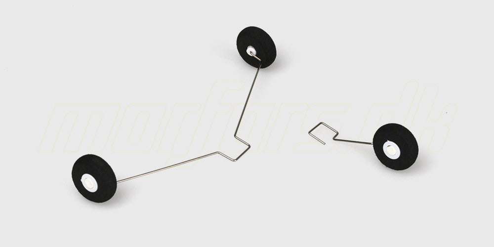 Komplet landingsstel med hjul til F949 fjernstyret fly monteret på hvid base.