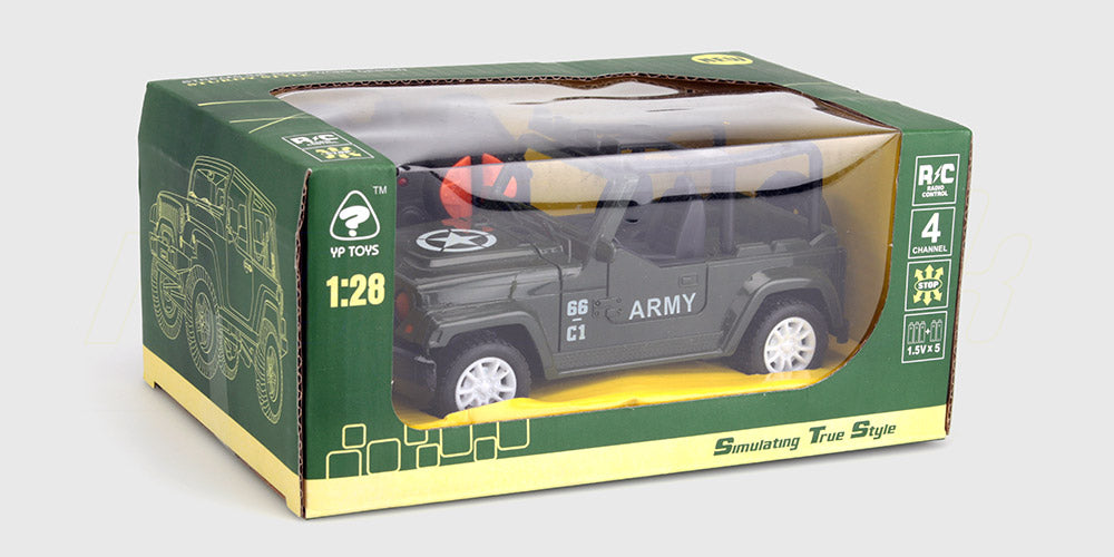 Grøn militærfarvet Army Jeep fjernstyret bil med realistiske detaljer til offroad kørsel.