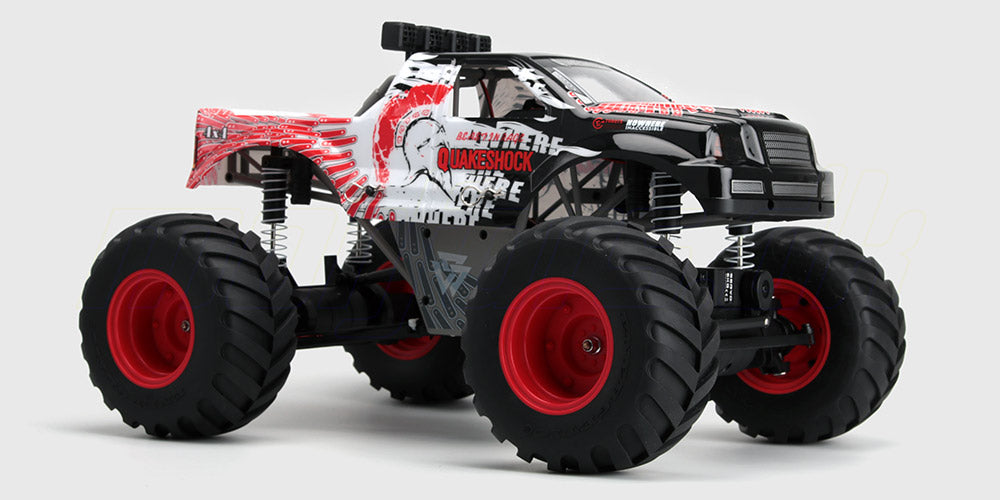 Quakeshock fjernstyret monster truck med store hjul til vild offroad terrænkørsel.