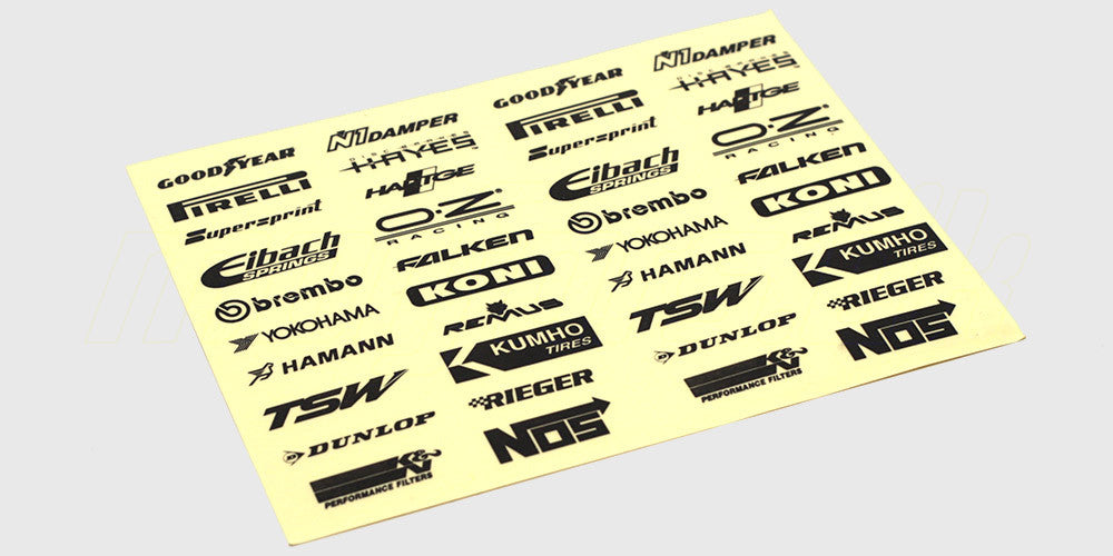 Ark med Racez klistermærker med diverse racer- og sponsorlogoer til styling af fjernstyrede RC-biler.