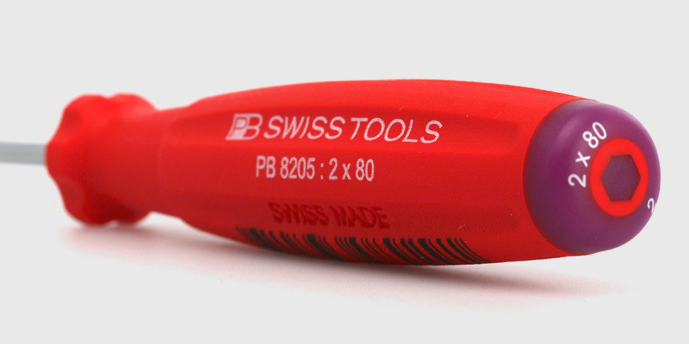 SwissGrip unbraco skruetrækker med rødt ergonomisk håndtag til præcis montering af dele på fjernstyrede biler.