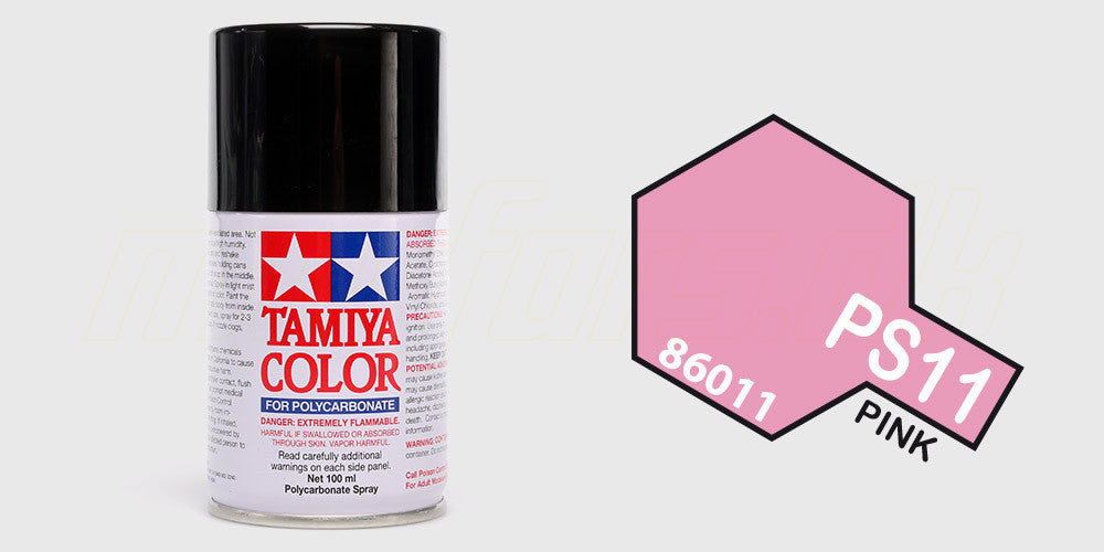 Spraydåse med lyserød Tamiya Color PS-11 maling til lakering af fjernstyrede bilers polycarbonat-karosserier.