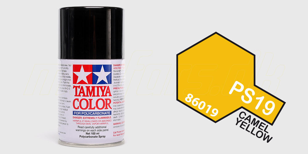Tamiya Color PS-19 spraymaling i farven Camel Yellow til maling af lexan karosserier på fjernstyrede biler.