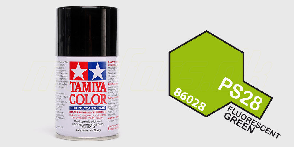 Tamiya PS-28 neongrøn spraymaling til lakering af lexan-karrosserier på fjernstyrede biler.