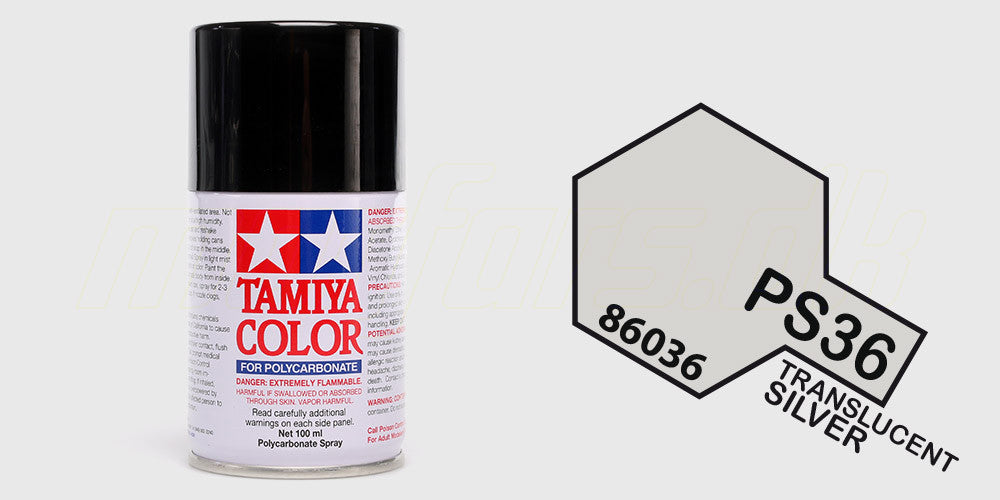 Spraydåse med Tamiya Color PS-36 Translucent Silver maling til gennemsigtige polykarbonat karosserier.