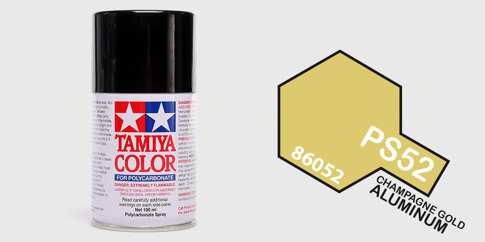 Spraydåse med Tamiya Color PS-52 Champagne Gold Alu til lakering af fjernstyrede bilers karosserier.