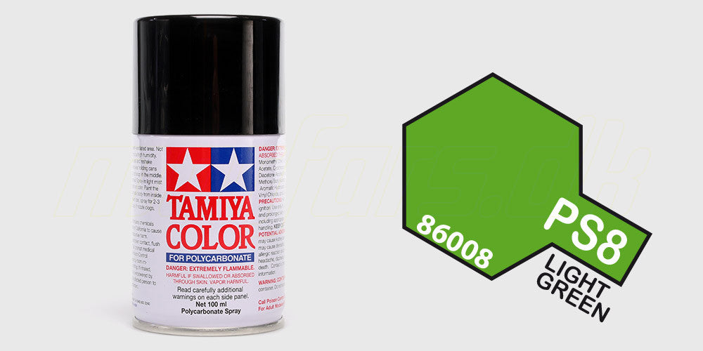 Tamiya Color PS-8 spraymaling i lysegrøn til lakering af fjernstyrede bilers polycarbonat-karosserier.